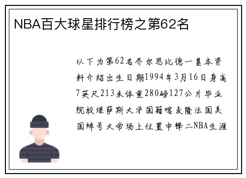 NBA百大球星排行榜之第62名
