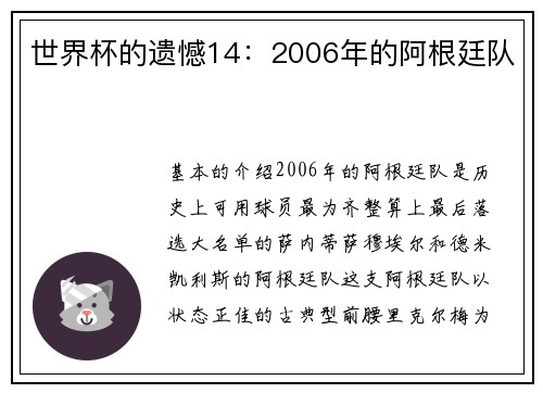 世界杯的遗憾14：2006年的阿根廷队