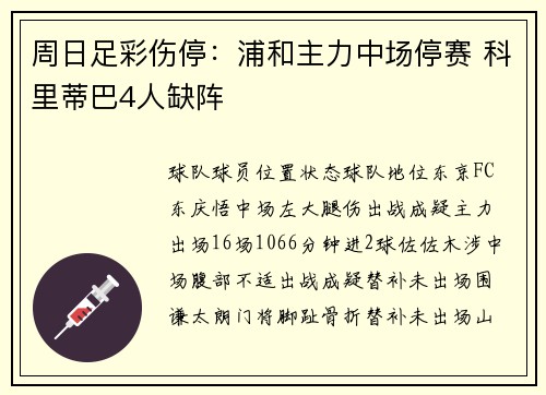 周日足彩伤停：浦和主力中场停赛 科里蒂巴4人缺阵