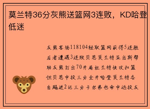 莫兰特36分灰熊送篮网3连败，KD哈登低迷