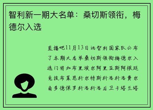 智利新一期大名单：桑切斯领衔，梅德尔入选